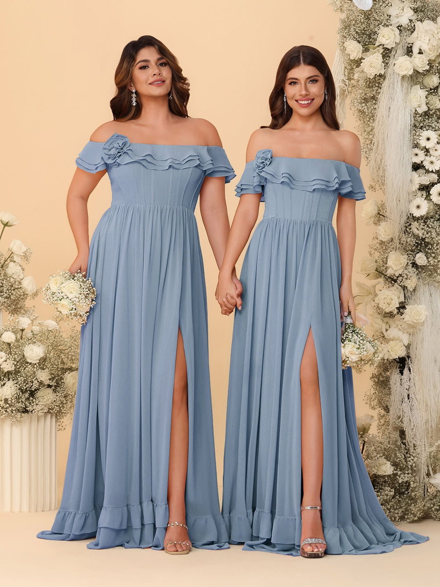 Chiffon A-Line/Princess Off-the-Shoulder Short Sleeves Ruched Bridesmaid Dresses