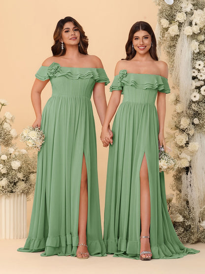 Chiffon A-Line/Princess Off-the-Shoulder Short Sleeves Ruched Bridesmaid Dresses