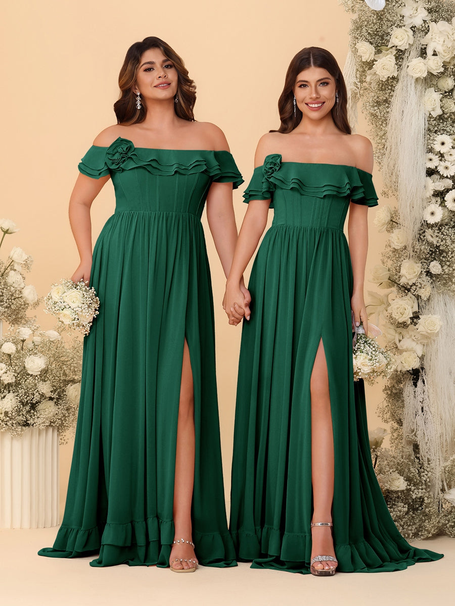 Chiffon A-Line/Princess Off-the-Shoulder Short Sleeves Ruched Bridesmaid Dresses