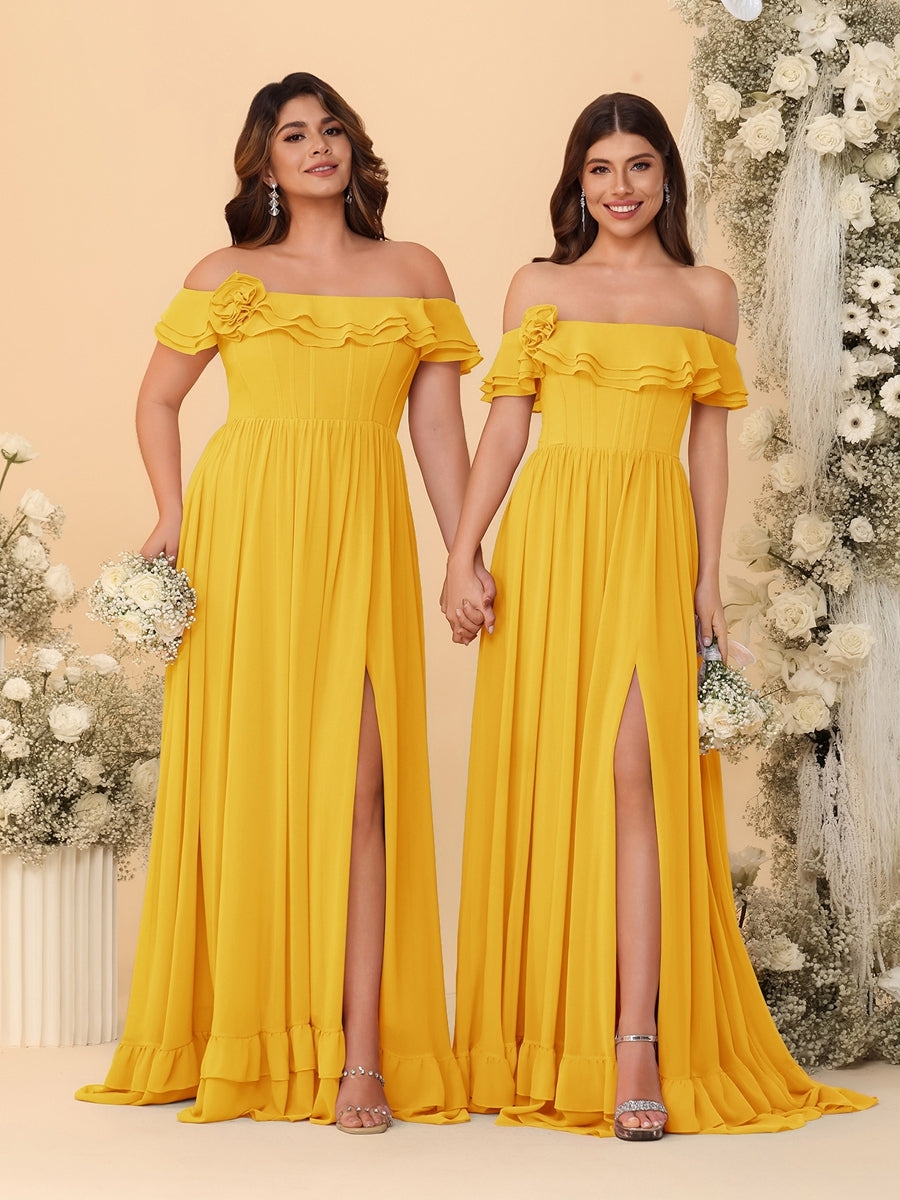 Chiffon A-Line/Princess Off-the-Shoulder Short Sleeves Ruched Bridesmaid Dresses