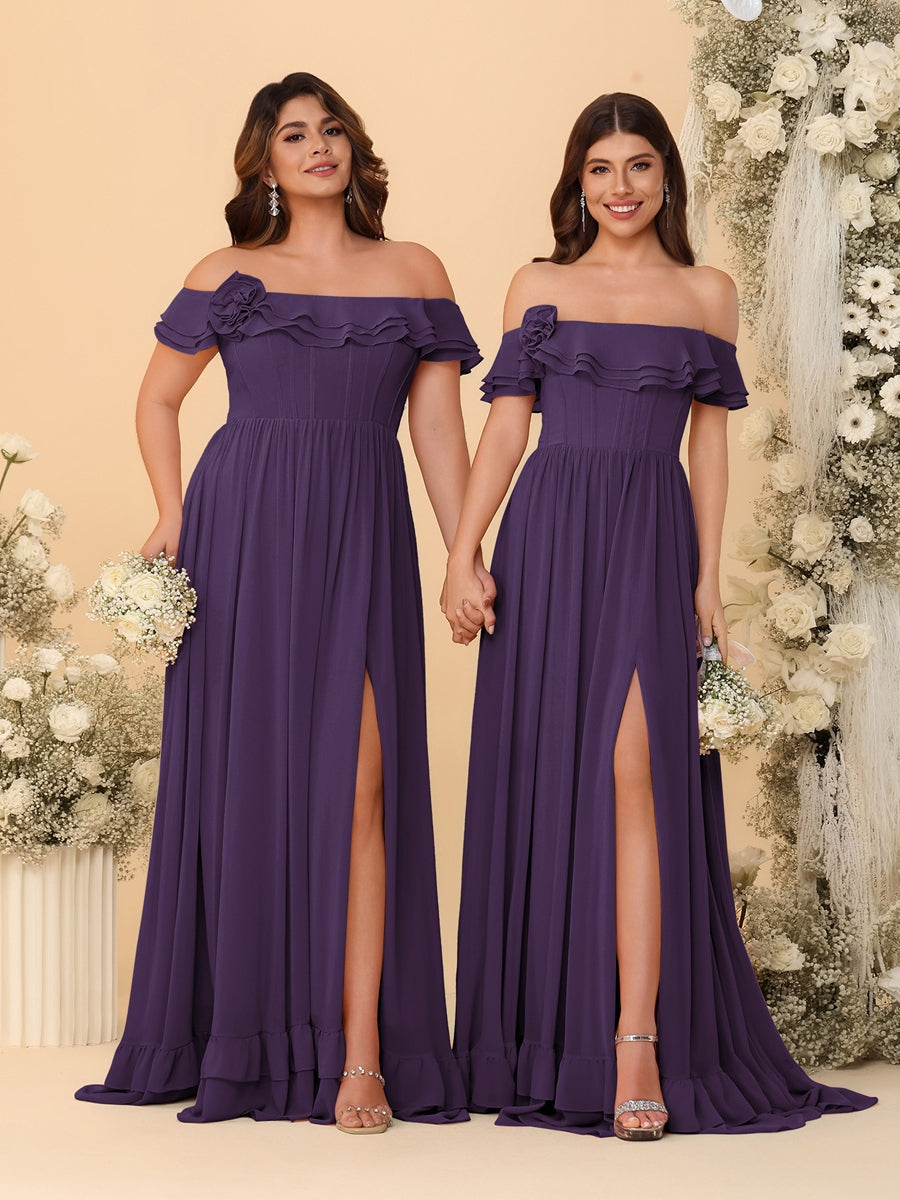 Chiffon A-Line/Princess Off-the-Shoulder Short Sleeves Ruched Bridesmaid Dresses