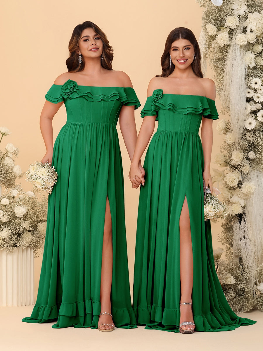 Chiffon A-Line/Princess Off-the-Shoulder Short Sleeves Ruched Bridesmaid Dresses