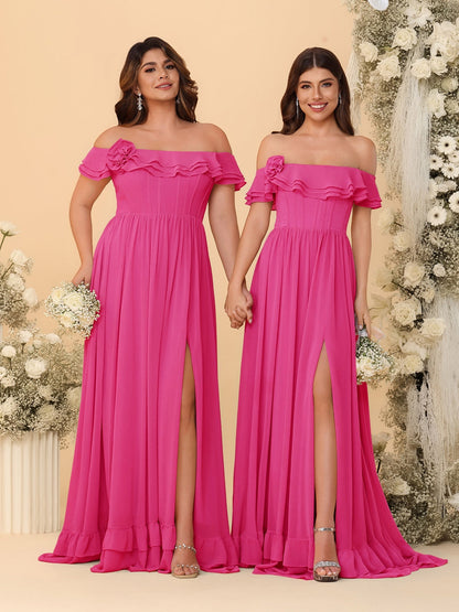 Chiffon A-Line/Princess Off-the-Shoulder Short Sleeves Ruched Bridesmaid Dresses