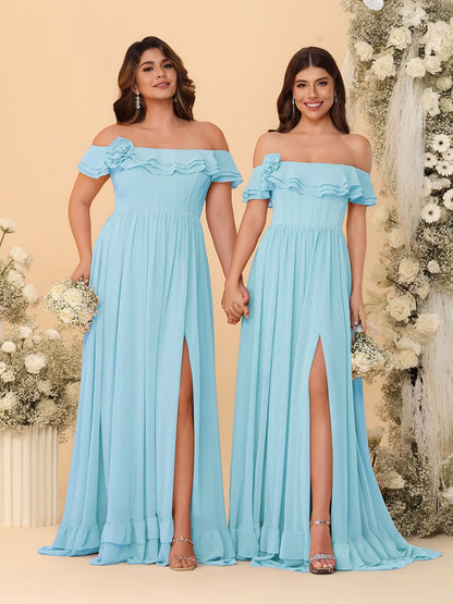 Chiffon A-Line/Princess Off-the-Shoulder Short Sleeves Ruched Bridesmaid Dresses