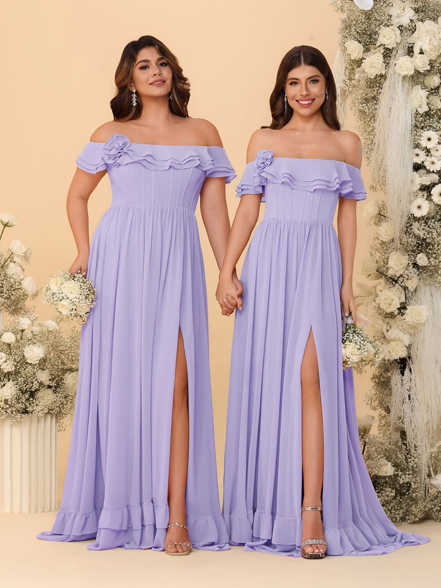 Chiffon A-Line/Princess Off-the-Shoulder Short Sleeves Ruched Bridesmaid Dresses