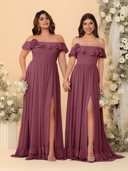 Chiffon A-Line/Princess Off-the-Shoulder Short Sleeves Ruched Bridesmaid Dresses