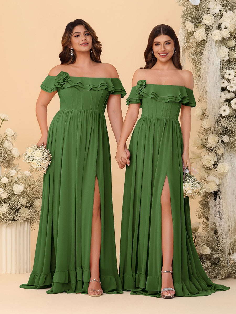 Chiffon A-Line/Princess Off-the-Shoulder Short Sleeves Ruched Bridesmaid Dresses