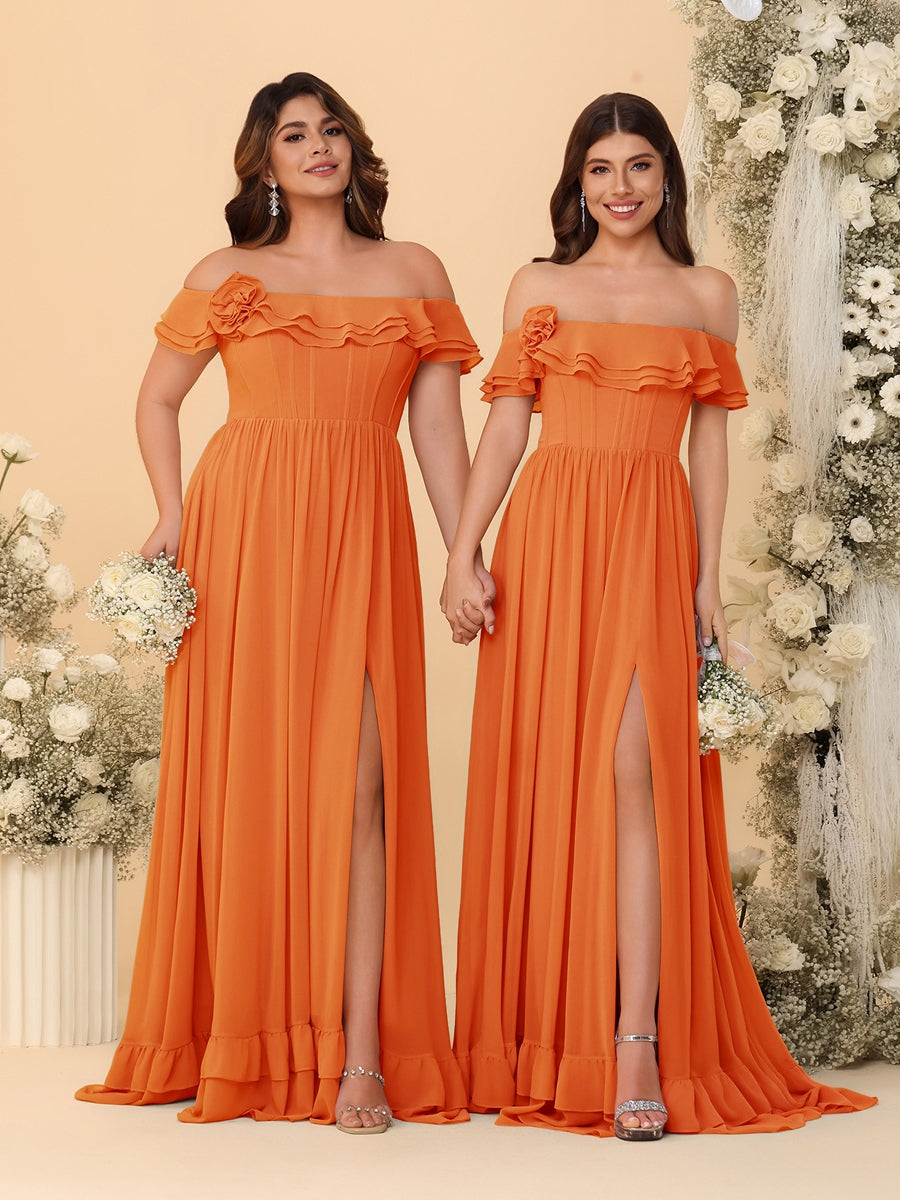 Chiffon A-Line/Princess Off-the-Shoulder Short Sleeves Ruched Bridesmaid Dresses