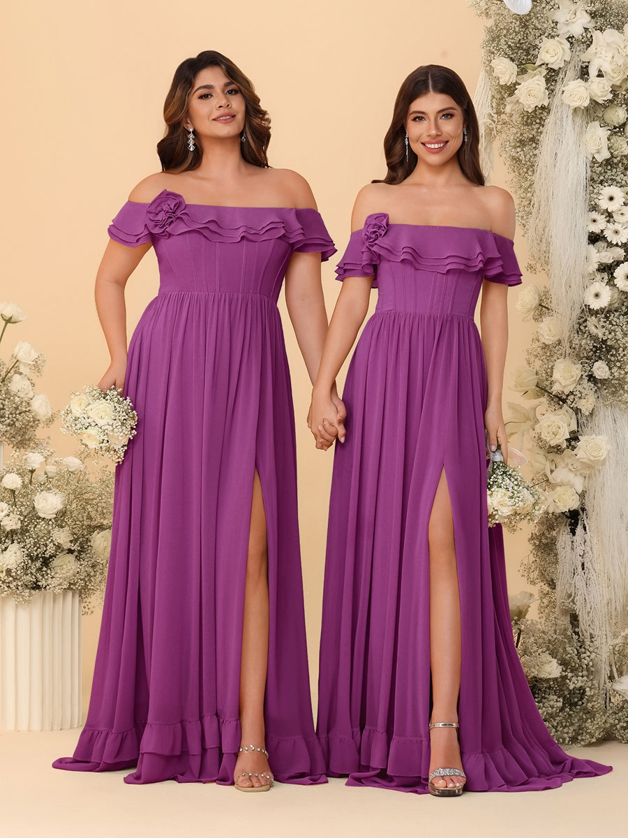 Chiffon A-Line/Princess Off-the-Shoulder Short Sleeves Ruched Bridesmaid Dresses