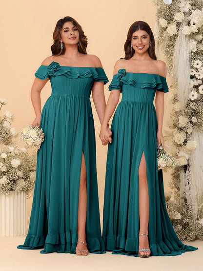 Chiffon A-Line/Princess Off-the-Shoulder Short Sleeves Ruched Bridesmaid Dresses