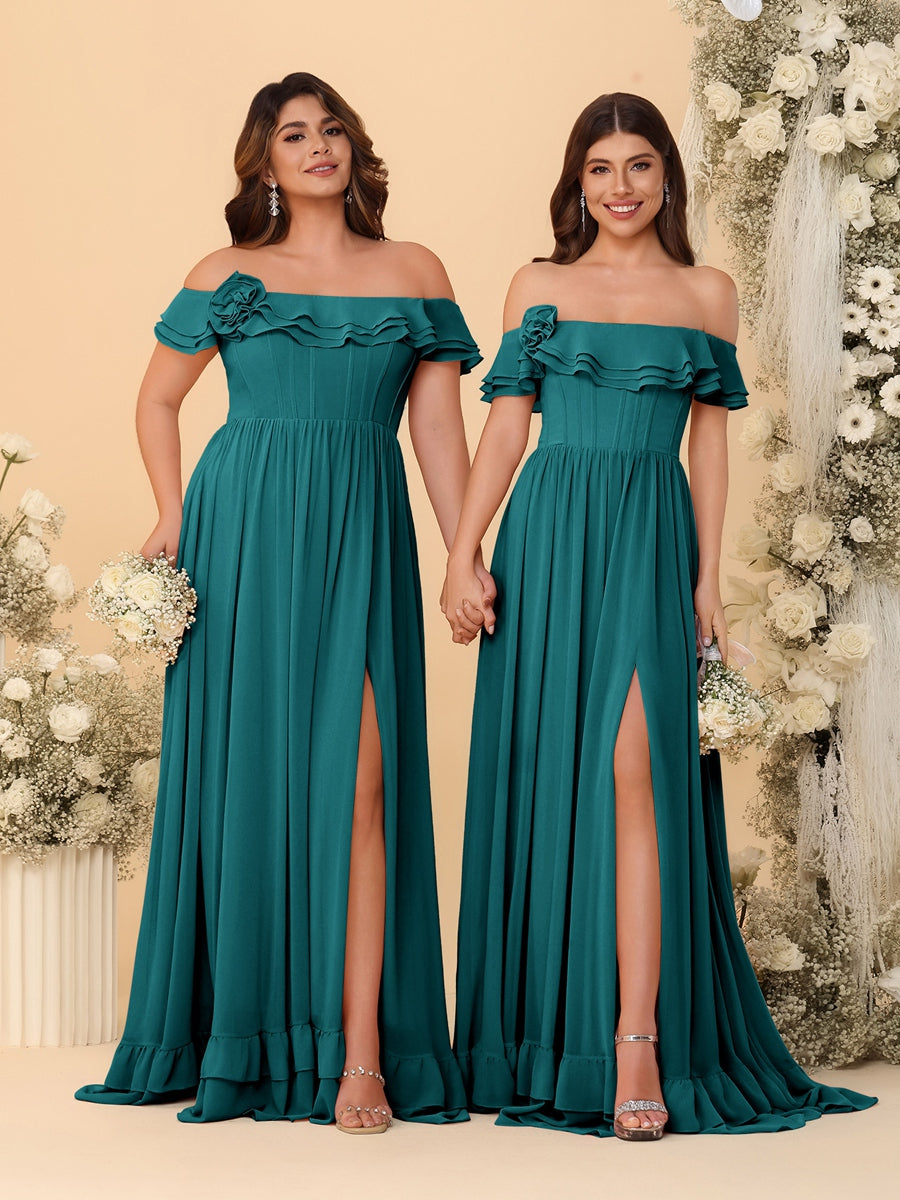 Chiffon A-Line/Princess Off-the-Shoulder Short Sleeves Ruched Bridesmaid Dresses