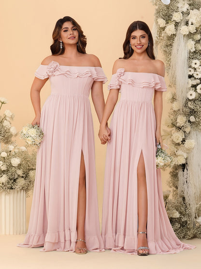 Chiffon A-Line/Princess Off-the-Shoulder Short Sleeves Ruched Bridesmaid Dresses