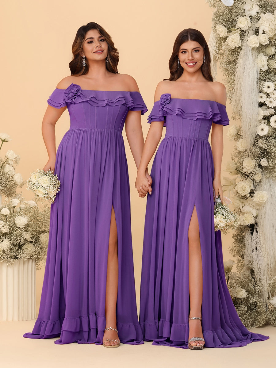Chiffon A-Line/Princess Off-the-Shoulder Short Sleeves Ruched Bridesmaid Dresses