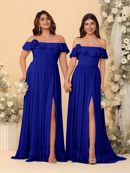 Chiffon A-Line/Princess Off-the-Shoulder Short Sleeves Ruched Bridesmaid Dresses