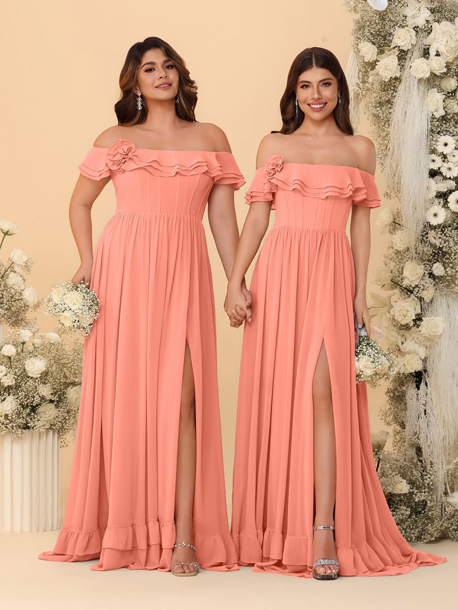 Chiffon A-Line/Princess Off-the-Shoulder Short Sleeves Ruched Bridesmaid Dresses