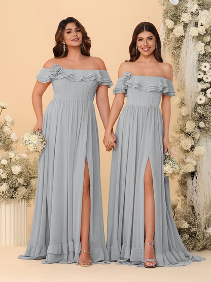 Chiffon A-Line/Princess Off-the-Shoulder Short Sleeves Ruched Bridesmaid Dresses