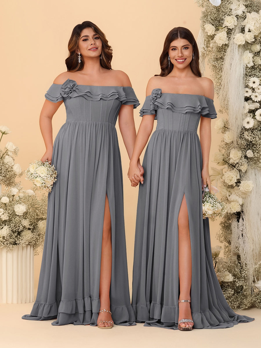 Chiffon A-Line/Princess Off-the-Shoulder Short Sleeves Ruched Bridesmaid Dresses