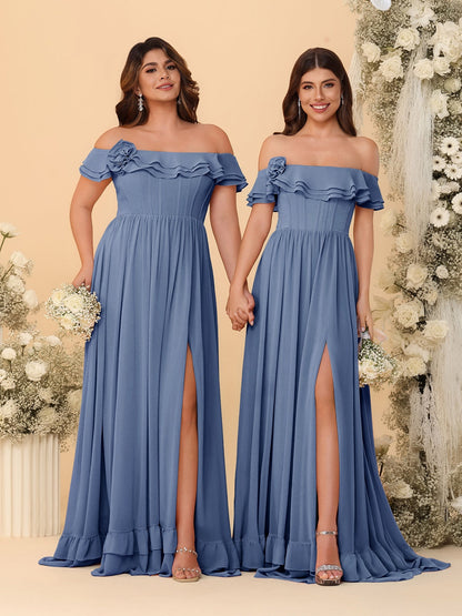 Chiffon A-Line/Princess Off-the-Shoulder Short Sleeves Ruched Bridesmaid Dresses