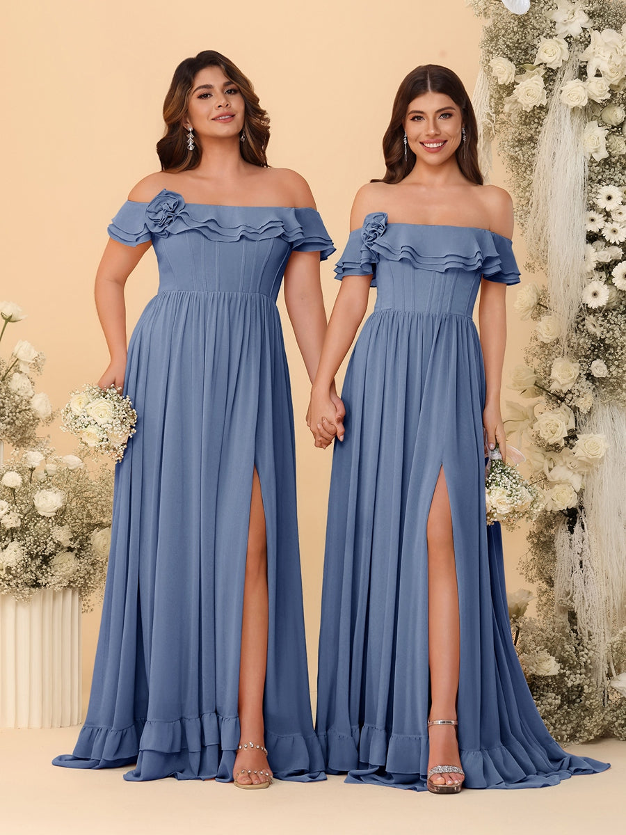 Chiffon A-Line/Princess Off-the-Shoulder Short Sleeves Ruched Bridesmaid Dresses