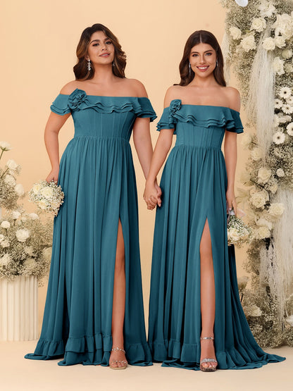Chiffon A-Line/Princess Off-the-Shoulder Short Sleeves Ruched Bridesmaid Dresses