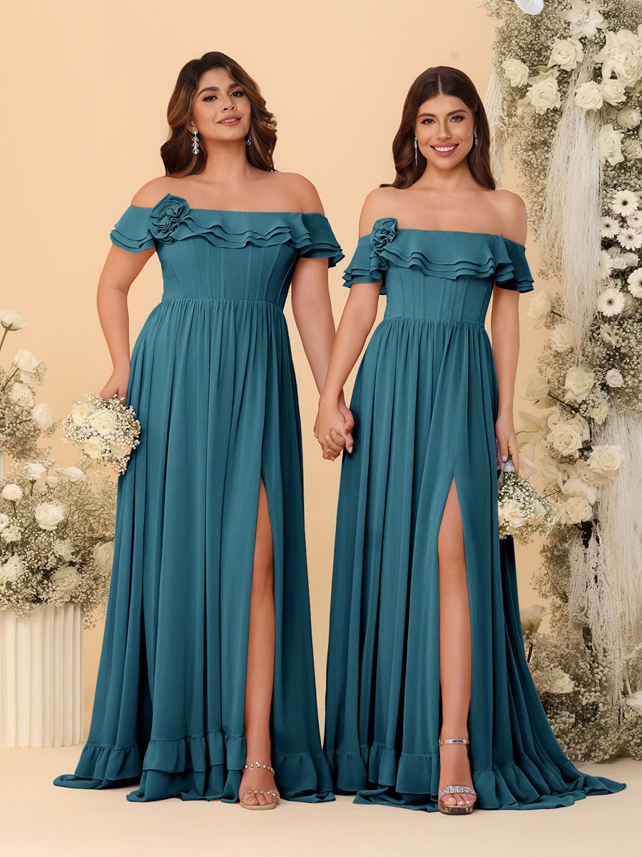 Chiffon A-Line/Princess Off-the-Shoulder Short Sleeves Ruched Bridesmaid Dresses