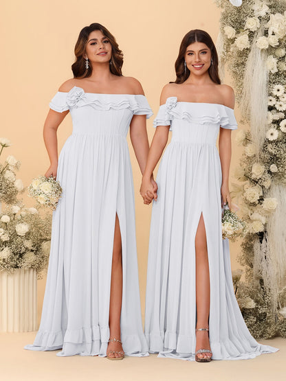 Chiffon A-Line/Princess Off-the-Shoulder Short Sleeves Ruched Bridesmaid Dresses