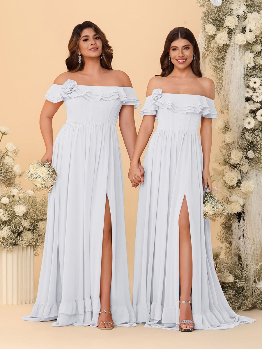 Chiffon A-Line/Princess Off-the-Shoulder Short Sleeves Ruched Bridesmaid Dresses