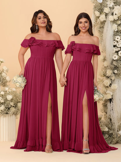 Chiffon A-Line/Princess Off-the-Shoulder Short Sleeves Ruched Bridesmaid Dresses