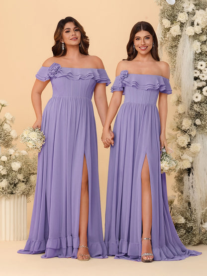 Chiffon A-Line/Princess Off-the-Shoulder Short Sleeves Ruched Bridesmaid Dresses