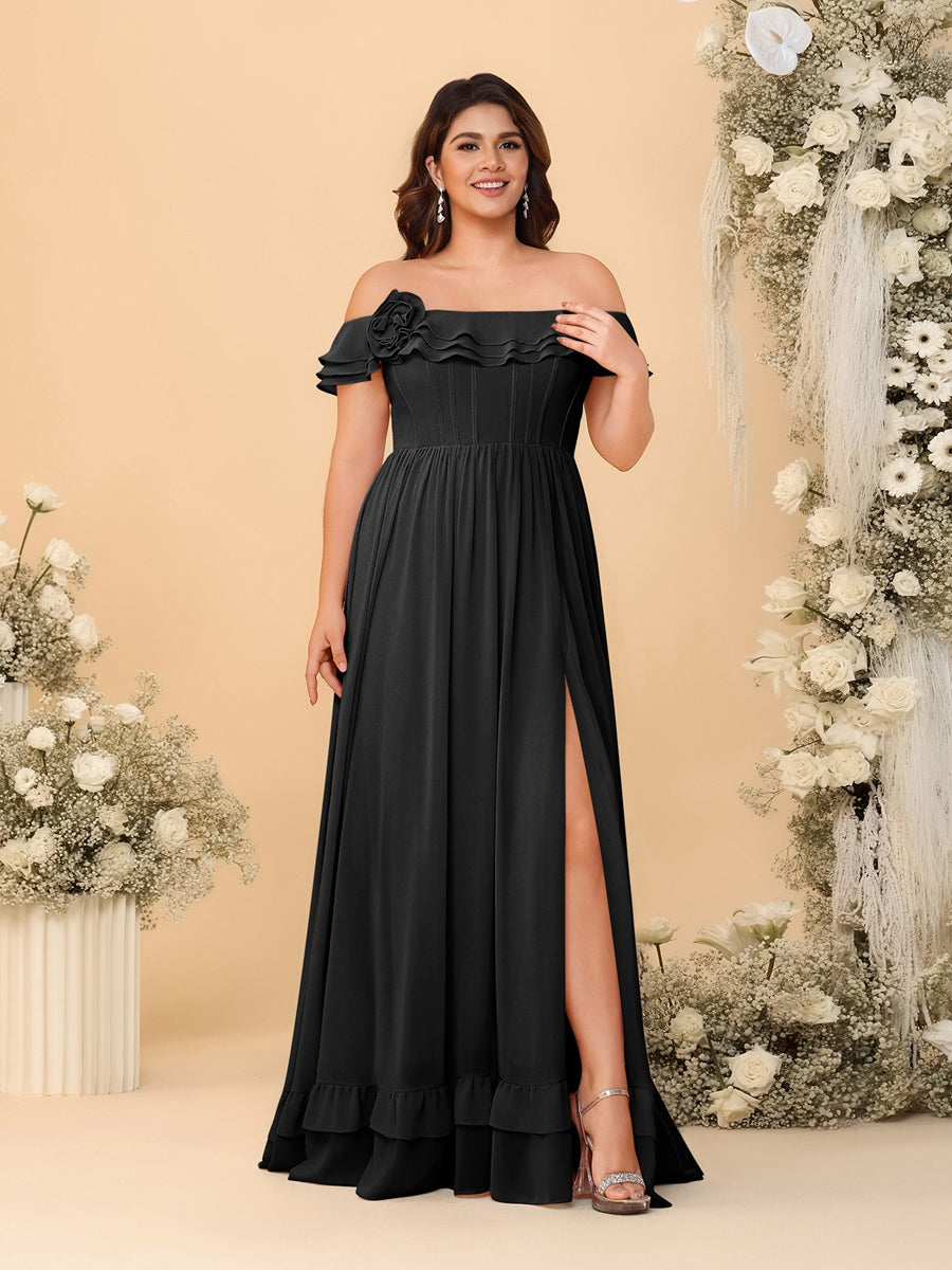 Chiffon A-Line/Princess Off-the-Shoulder Short Sleeves Plus Size Bridesmaid Dresses with Side Slit