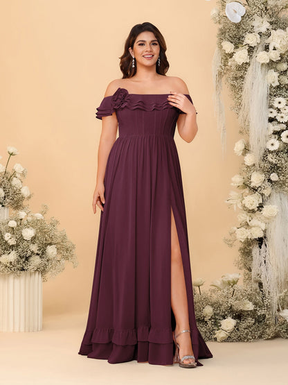 Chiffon A-Line/Princess Off-the-Shoulder Short Sleeves Plus Size Bridesmaid Dresses with Side Slit