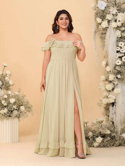 Chiffon A-Line/Princess Off-the-Shoulder Short Sleeves Plus Size Bridesmaid Dresses with Side Slit