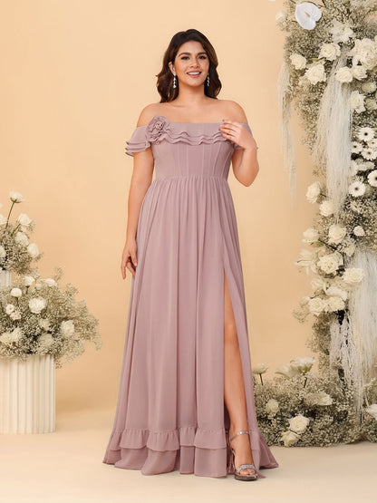 Chiffon A-Line/Princess Off-the-Shoulder Short Sleeves Plus Size Bridesmaid Dresses with Side Slit