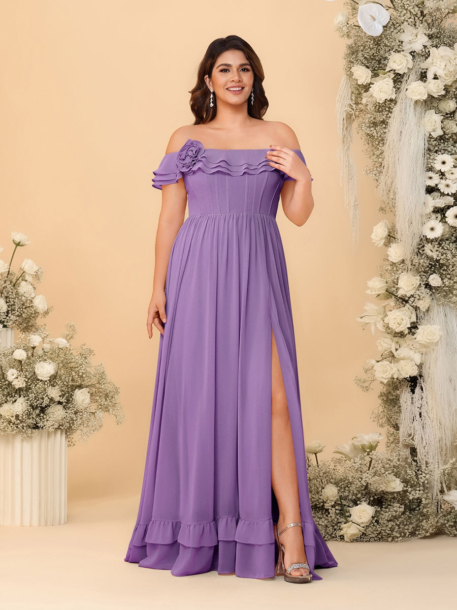 Chiffon A-Line/Princess Off-the-Shoulder Short Sleeves Plus Size Bridesmaid Dresses with Side Slit