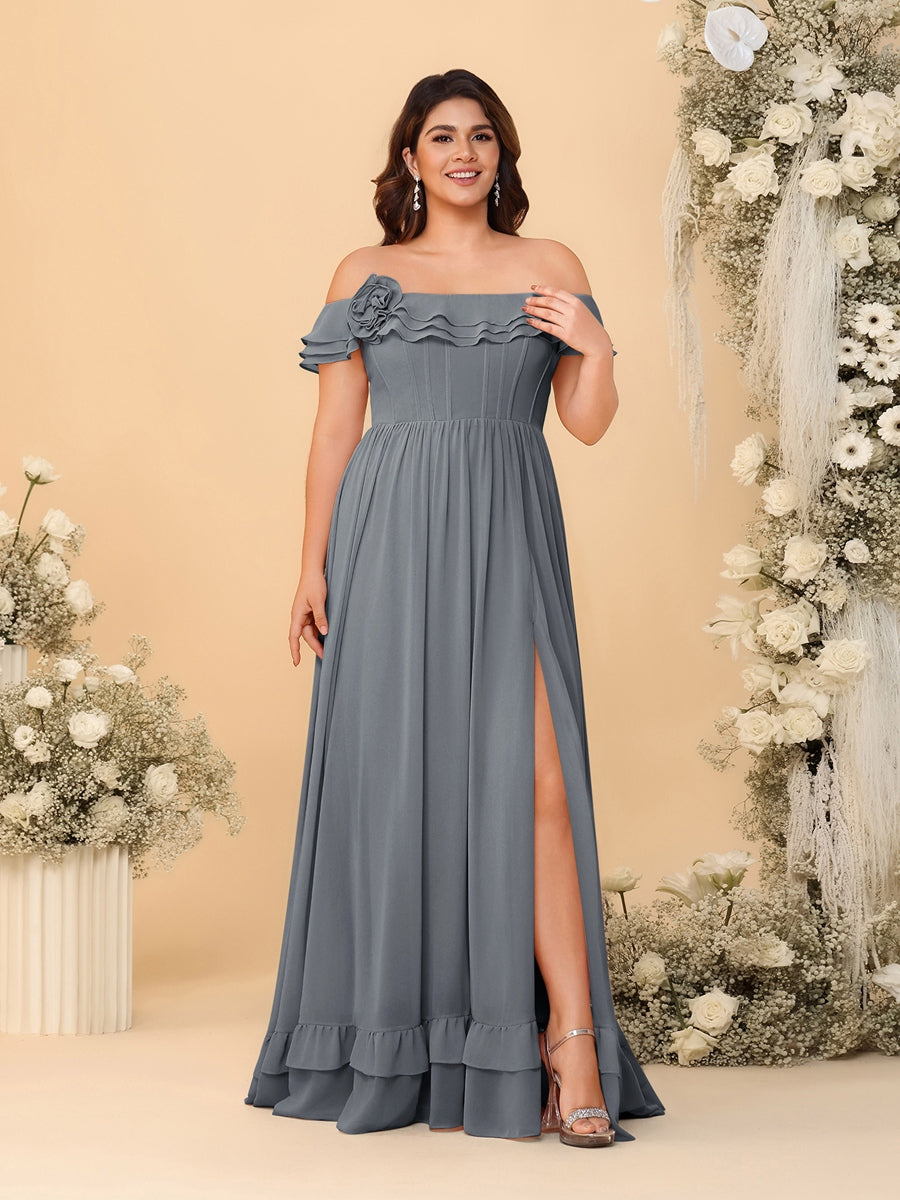 Chiffon A-Line/Princess Off-the-Shoulder Short Sleeves Plus Size Bridesmaid Dresses with Side Slit