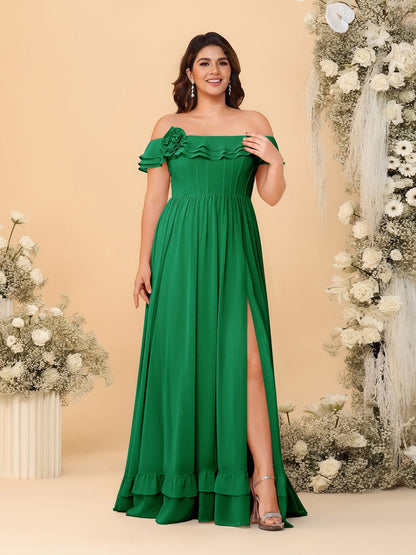 Chiffon A-Line/Princess Off-the-Shoulder Short Sleeves Plus Size Bridesmaid Dresses with Side Slit