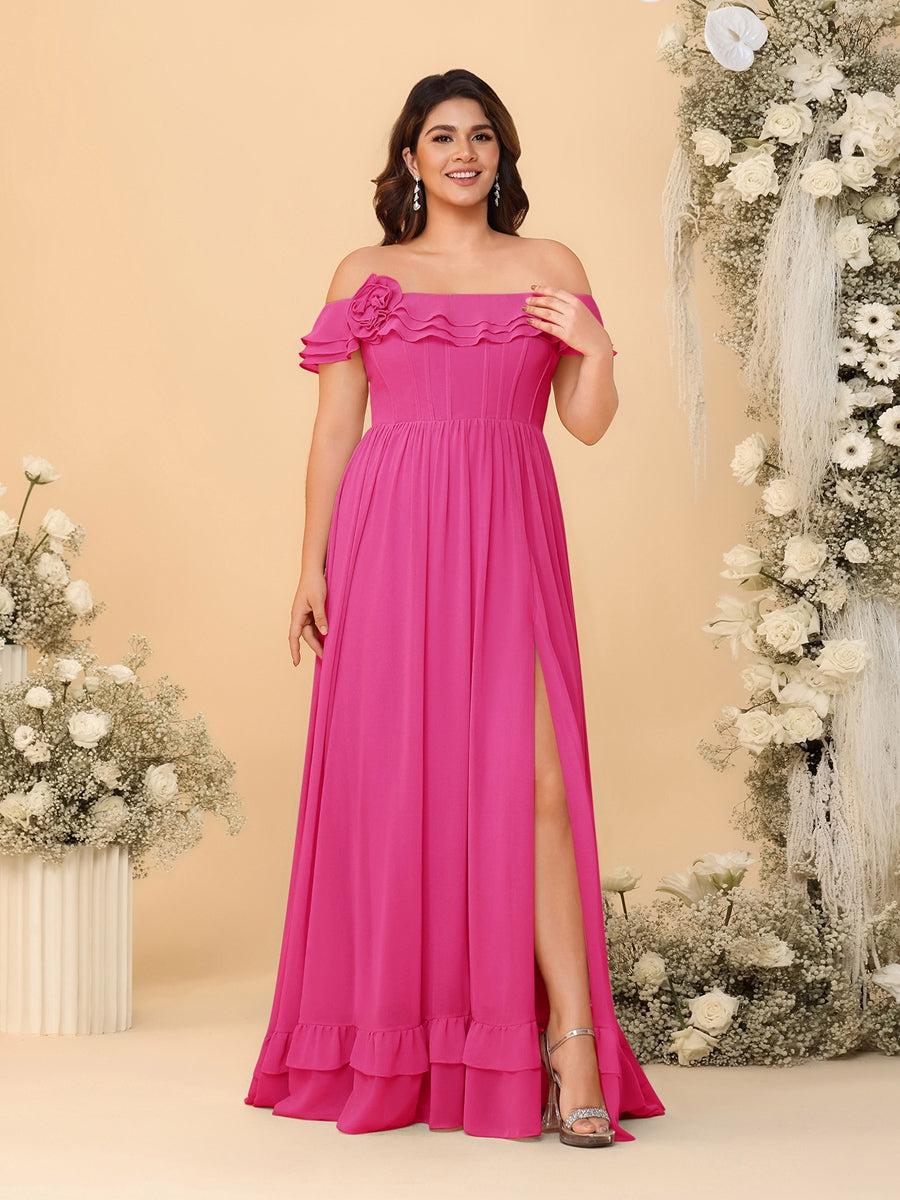 Chiffon A-Line/Princess Off-the-Shoulder Short Sleeves Plus Size Bridesmaid Dresses with Side Slit