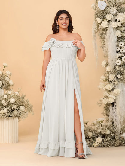 Chiffon A-Line/Princess Off-the-Shoulder Short Sleeves Plus Size Bridesmaid Dresses with Side Slit