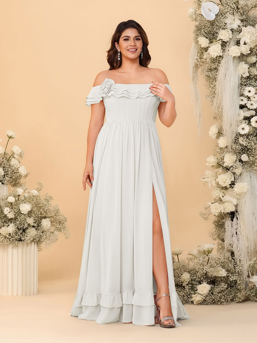 Chiffon A-Line/Princess Off-the-Shoulder Short Sleeves Plus Size Bridesmaid Dresses with Side Slit