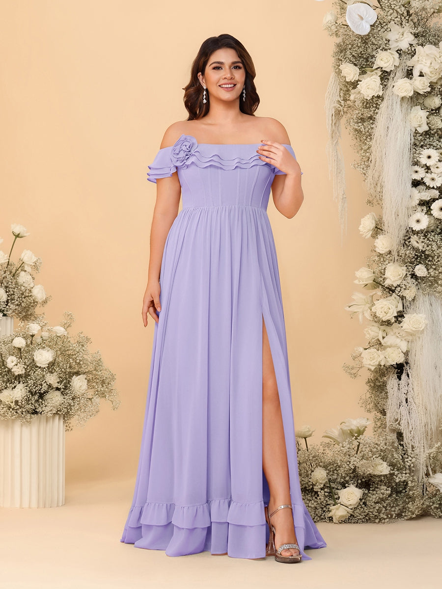 Chiffon A-Line/Princess Off-the-Shoulder Short Sleeves Plus Size Bridesmaid Dresses with Side Slit