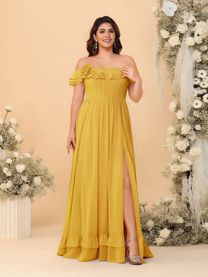 Chiffon A-Line/Princess Off-the-Shoulder Short Sleeves Plus Size Bridesmaid Dresses with Side Slit