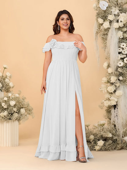 Chiffon A-Line/Princess Off-the-Shoulder Short Sleeves Plus Size Bridesmaid Dresses with Side Slit