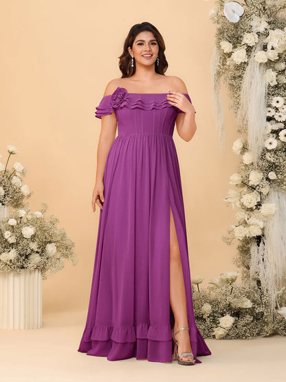 Chiffon A-Line/Princess Off-the-Shoulder Short Sleeves Plus Size Bridesmaid Dresses with Side Slit