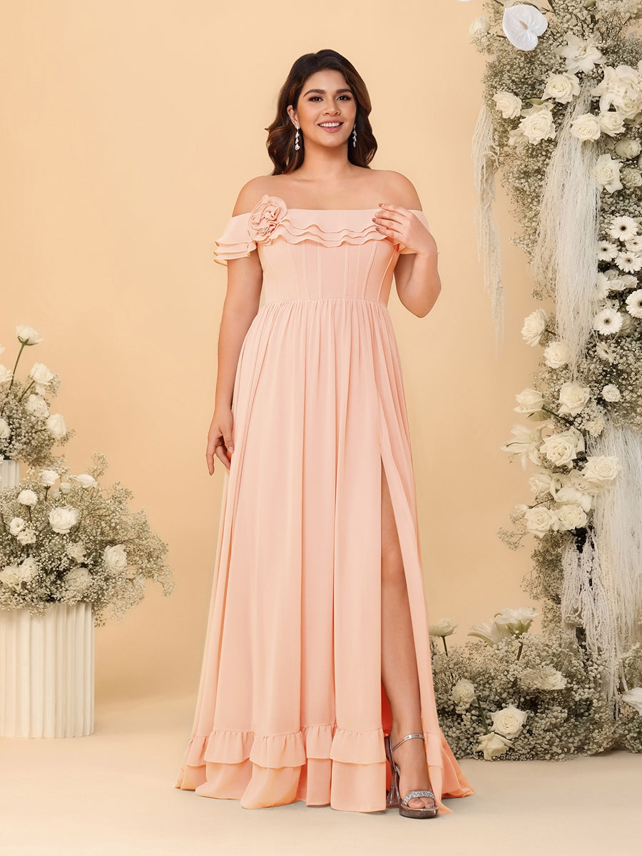 Chiffon A-Line/Princess Off-the-Shoulder Short Sleeves Plus Size Bridesmaid Dresses with Side Slit