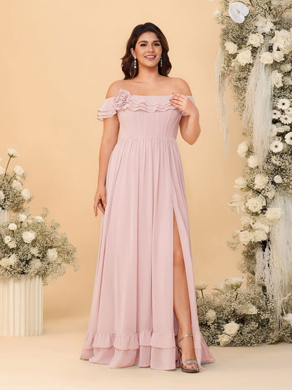 Chiffon A-Line/Princess Off-the-Shoulder Short Sleeves Plus Size Bridesmaid Dresses with Side Slit