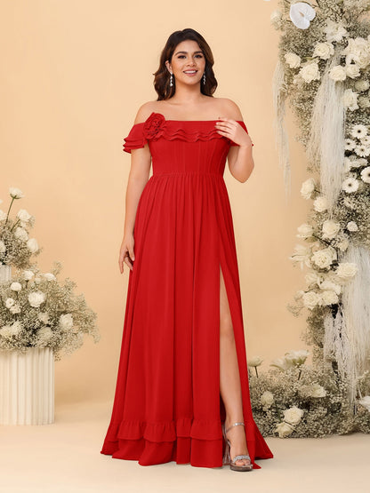 Chiffon A-Line/Princess Off-the-Shoulder Short Sleeves Plus Size Bridesmaid Dresses with Side Slit