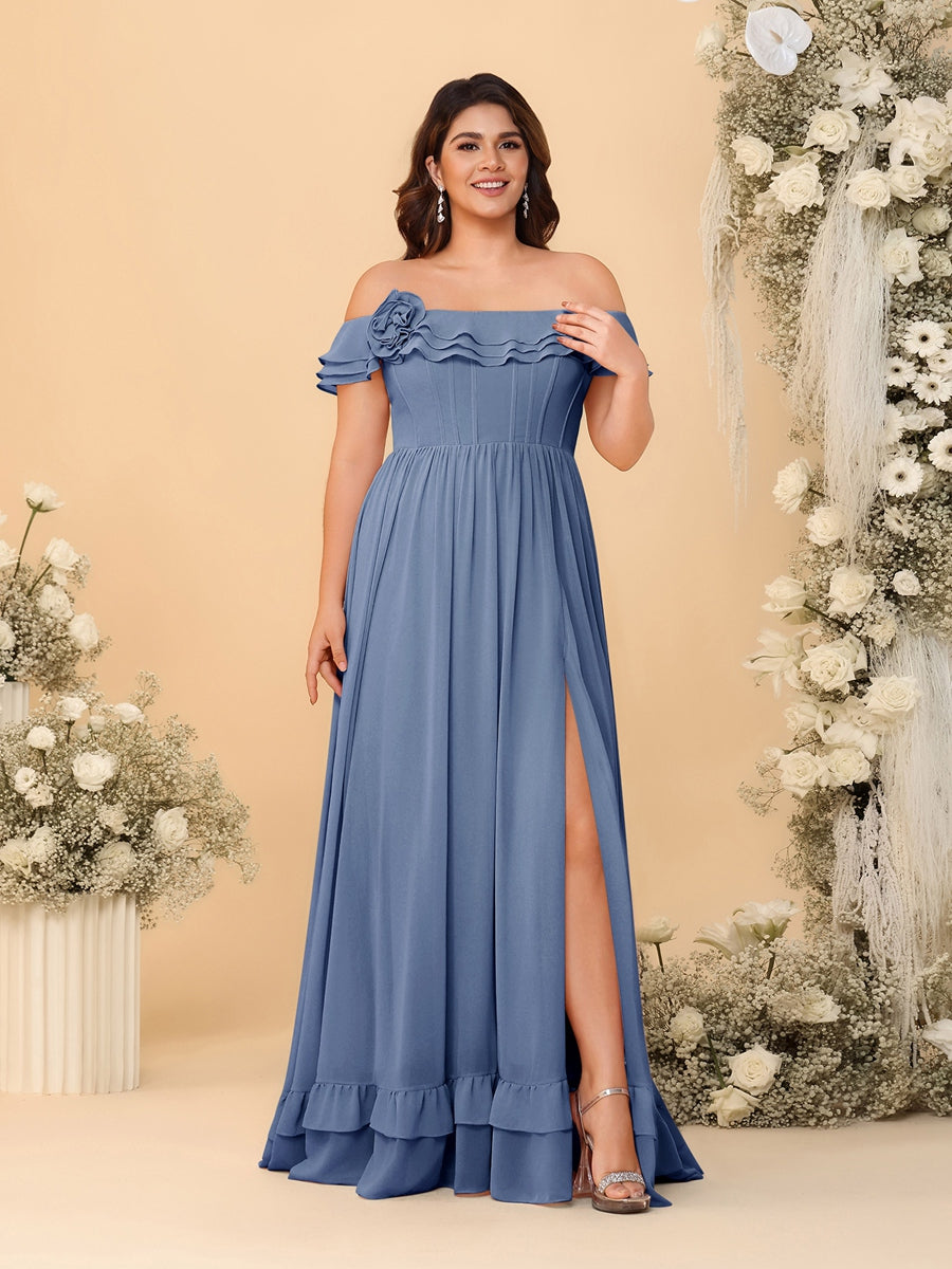 Chiffon A-Line/Princess Off-the-Shoulder Short Sleeves Plus Size Bridesmaid Dresses with Side Slit