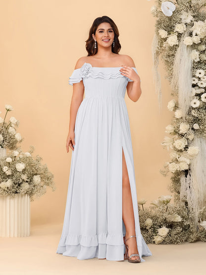 Chiffon A-Line/Princess Off-the-Shoulder Short Sleeves Plus Size Bridesmaid Dresses with Side Slit