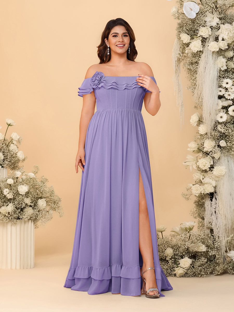 Chiffon A-Line/Princess Off-the-Shoulder Short Sleeves Plus Size Bridesmaid Dresses with Side Slit