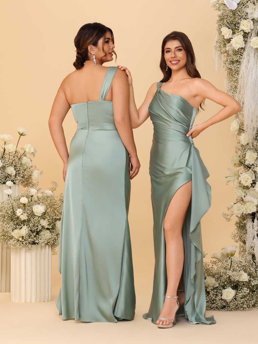 Sheath/Column One-Shoulder Sleeveless Split Side Bridesmaid Dresses with Ruffles